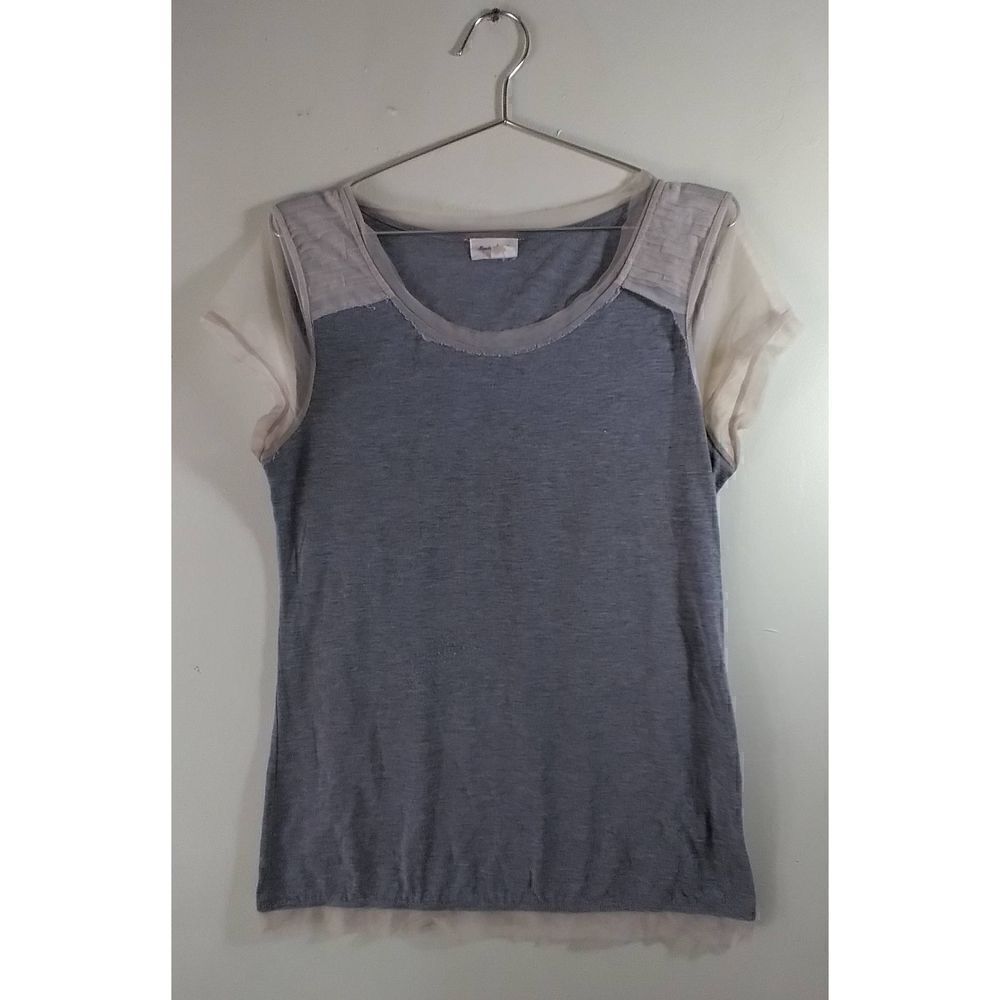 Anthropologie Meadow Rue Size Large Gray and Tan Sheer Short Sleeve Shirt